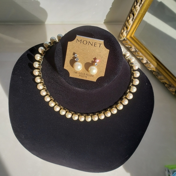 Monet Pearl & Rhinestone Necklace & Earrings Jewelry Bundle NWT - Picture 2 of 6